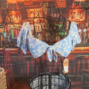 👚 Billabong Tie-Front Bikini Crop Tee — Blue Floral — Sz Small / J